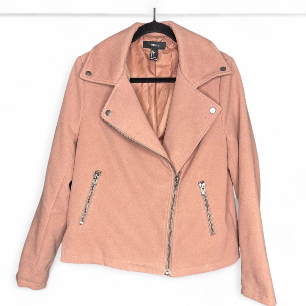 Forever 21 Women's Rose Pink Moto Biker Asymmetrical Zip Alt Jacket Sz L
